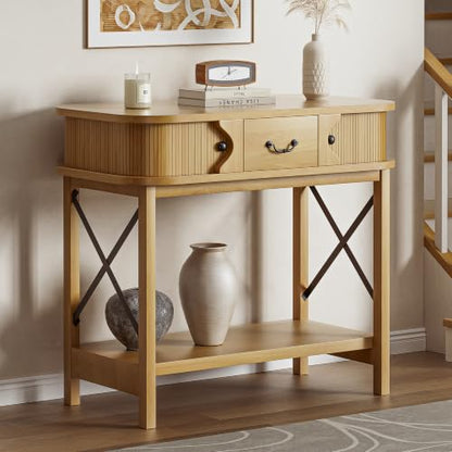 39'' Narrow Console Table, 2-Tier Entryway Sofa Table,Natural Wood | Narrow Entry Table with Drawer & Cabinets; Sturdy X-Frame, Slim Wood for Entryway, Hallway, Living Room & Behind Couch - color: Burywood