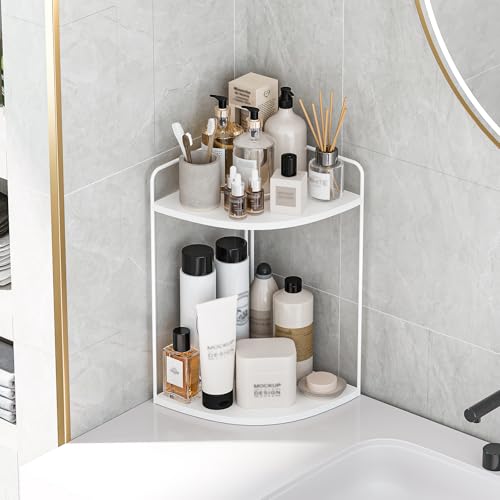 Bathroom Counter Organizer, Vanity & Makeup Countertop Organizer | Corner Bathroom Counter Organizer, Bathroom Sink Organizer, Bathroom Counter Shelf, Countertop Organizer, Corner Desk Shelf - color: White 2 Tier
