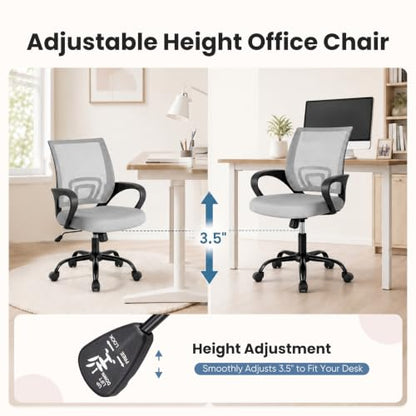 DUMOS Ergonomic Home Office Chair, Executive Mesh Desk Chair | Height Adjustable, Lumbar Support, Breathable Mid Backrest, Fixed Armrest, Rolling Wheels, Computer Gaming, Meeting, Gray - color: Grey