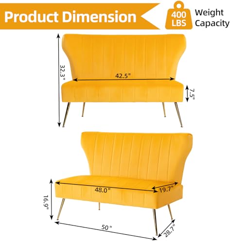 ZJhome 50’’ Armless Loveseat Sofa, Comfy Upholstered Velet Small Couch Sofa with Gold Legs, 2 Seater Tufted Modern Couch for Living Room, Bedroom, Apartment Small Space (Yellow) - color: Yellow, size: 50'' stripe
