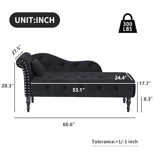 60" Modern Velvet Chaise Lounge Indoor, Upholstered Chair with Left Armrest and Lumbar Pillow, Button Tufted Lounge Sofa for Living Room Bedroom Office, Mini Chaise Longue Sofa (Black) - color: Black