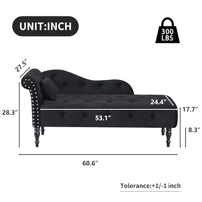 60" Modern Velvet Chaise Lounge Indoor, Upholstered Chair with Left Armrest and Lumbar Pillow, Button Tufted Lounge Sofa for Living Room Bedroom Office, Mini Chaise Longue Sofa (Black) - color: Black