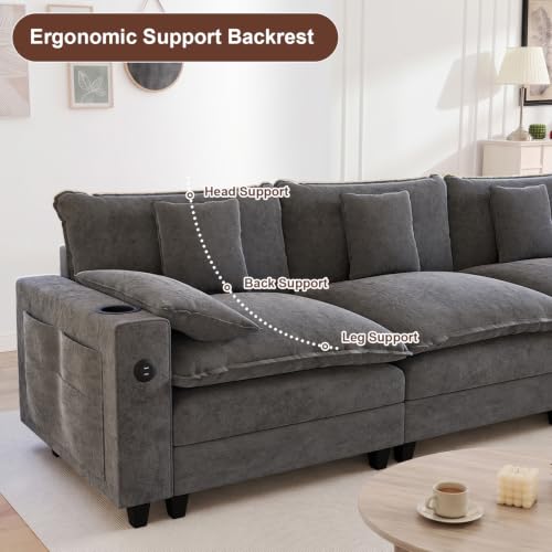 KCGKCG 116" 3-Seater Cloud Sofa, Modular Sectional Couch, Chenille Deep Seat Cloud Couch with Charging Station, Cup Holder, Side Pocket, Double Layer Seat Cushion Couches for Living Room, Grey - color: Grey, size: 116"- Loveseat