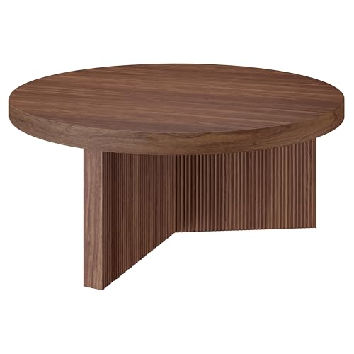 Henn&Hart 36" Scandinavian Fluted Coffee Table, Medium Walnut | Ribbed pedestal base and low profile bring Scandinavian style to small spaces including living rooms or family rooms - color: Medium Walnut, size: 36 inches