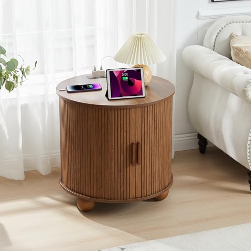 24" End Table with Charging, Night Stand Side Table with Storage | Walnut End Table, Round Fluted Wood Night Stand, Mid-Century Side Table with Sliding Door for Living Room Bedroom - color: Walnut, size: 24"-Round