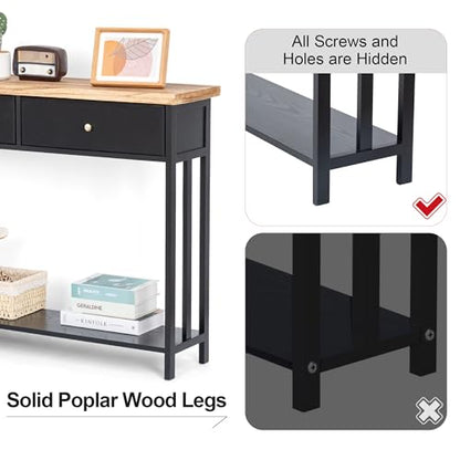 42" Solid Wood Console Table with 2 Fabric Drawers, Entryway Table with Storage Shelves, Sofa Table for Entryway, Hallway, Living Room, Kitchen or Behind Couch in Foyer, Black - color: Black