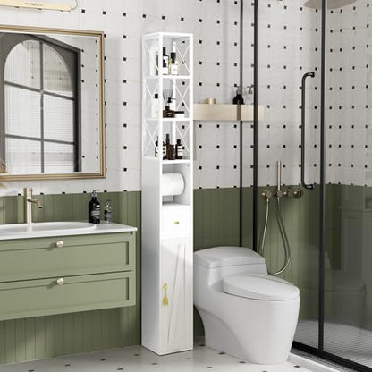 VECELO Tall Narrow Storage Cabinet with X-Frame Metal Design, Slim Freestanding Bathroom Cabinet with Toilet Paper Holder, Magnetic Door & Drawer, for Small Spaces, 7.9" D x 7.9" W x 67" H, White - color: Hollow Top