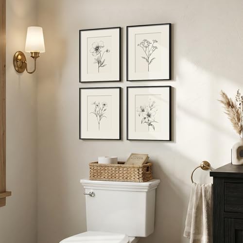 Framed Black and White Botanical Wall Art for Bathroom, 4 Piece 11x14 In | Minimalist floral wall decor, Vintage boho flower pictures, Plexiglass with mat prints, Living room office hallway decor - color: Black and White, size: 11" W x 14" H x 4 pcs