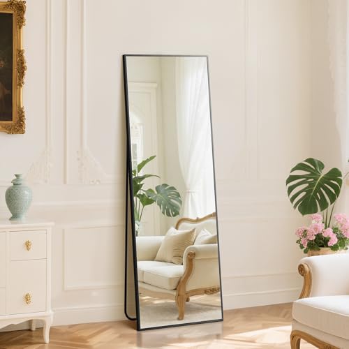 DUMOS 16"x59" Full Length Mirror with Stand, Full Body Floor Mirror | Free Standing or Wall Mount, Nano Glass Aluminum Frame, Hanging or Leaning, Modern Simple Home Decor, Black - color: Black-rect Edge, size: 59"L x 16"W