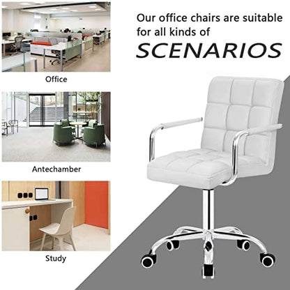 JUMMICO Vanity Modern Office Chair with Wheels White Desk Chair PU Leather Mid-Back Rolling Cute Task Chair for Office, Teen,Make Up,Bedroom Desks (White) - color: White
