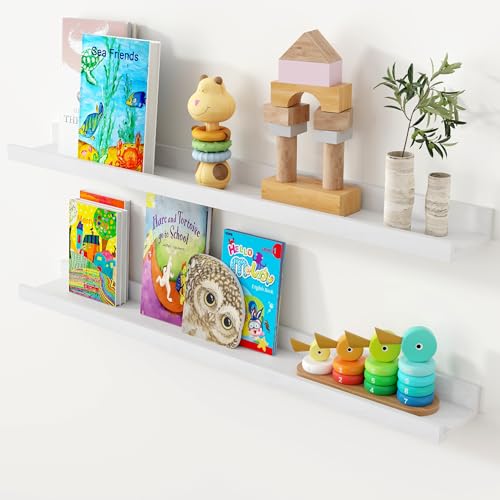 Oak Picture Ledge Shelf, 36 Inch Floating Shelves Set of 2, Solid Oak Wood Wall Shelves with Lip, Wall Decor Storage for Bedroom Living Room Bathroom Kitchen Nursery Photo Picture, White - color: White, size: 36inch