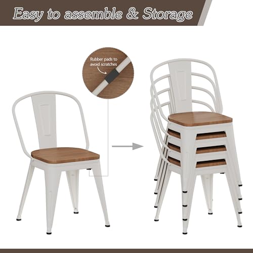 Alunaune 18inch Metal Dining Chair Set of 4 High Back Classic Chic Iron Farmhouse Chairs Industrial Stackable Coffee Stools Bistro Cafe Side Barstools Wood Seat-White - color: Cream White