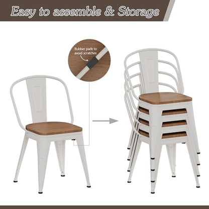 Alunaune 18inch Metal Dining Chair Set of 4 High Back Classic Chic Iron Farmhouse Chairs Industrial Stackable Coffee Stools Bistro Cafe Side Barstools Wood Seat-White - color: Cream White