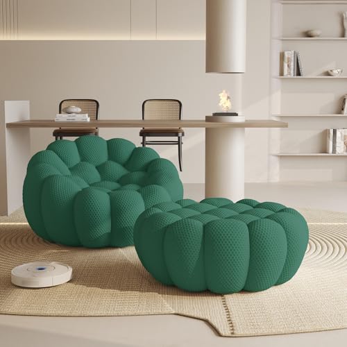 Modular Sectional Sofa,Bubble Couch Set,1 Seater+ Ottoman,Modern Upholstered Bean Bag Sofa Couch Mesh Fabric Lazy Floor Chair Living Roon Sets (Green) - color: Green, size: 48"+42"
