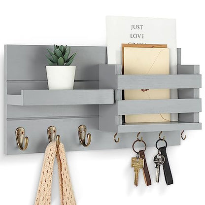 Lwenki Mail Organizer for Wall Mount – Key Holder with Shelf Includes Letter Holder and Hooks for Coats, Dog Leashes – Rustic Wood with Flush Mounting Hardware (16.5” x 8.7” x 3.5”) (Gray) - color: Gray