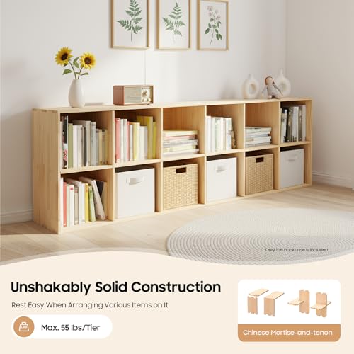12 Cube Storage Organizer, Solid Wood Bookshelf with Back Panel, Floor Standing Open Bookcase, Vertical or Horizontal Shelf Unit for Living Room Office (12-Cube-B) - size: 12-Cube-B