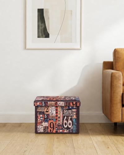 B FSOBEIIALEO Route 66 Storage Ottoman Bench, Faux Leather Foot Rest Seat for Living Room, Storage Organizer 16.54"x12.6"x12.6" - size: 16.54*12.6*12.6 inches