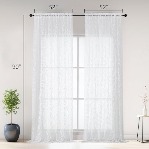 Furman Extra Long Sheer White Curtains 96 inches Long for Bedroom Living Room 2 Panels Set, Light Filtering Soft Semi Sheer Jacquard Clip Farmhouse Curtains Rod Pocket Design, 52Wx96L inch - color: White, size: 52"W x 96"L (Pack of 2)