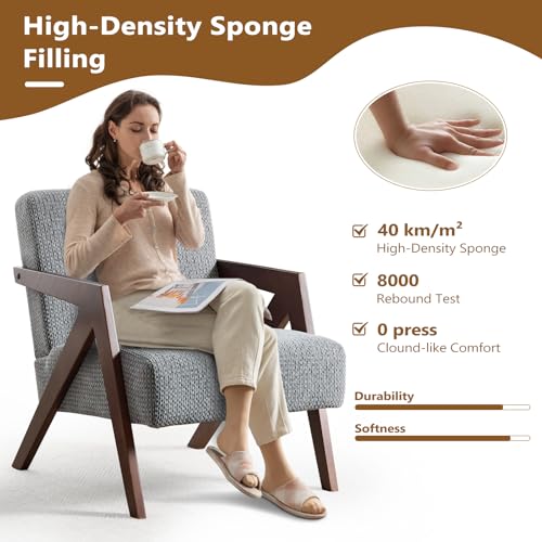 Bonzy Home Mid-Century Modern Accent Chair Set of 2 with Wood Frame, Upholstered Armchair for Bedroom & Living Room, Linen Fabric Cushion, Z-Shaped Armrest Design, Sturdy Lounge Chair - color: Light Gray, size: 2PCS