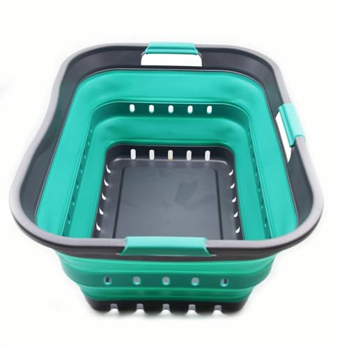 SAMMART 42L (11 gallon) Collapsible Plastic Laundry Basket - Foldable Pop Up Storage Container/Organizer - Space Saving Hamper/Basket (1, Grey/Turquoise Blue) - color: Grey/Turquoise Blue