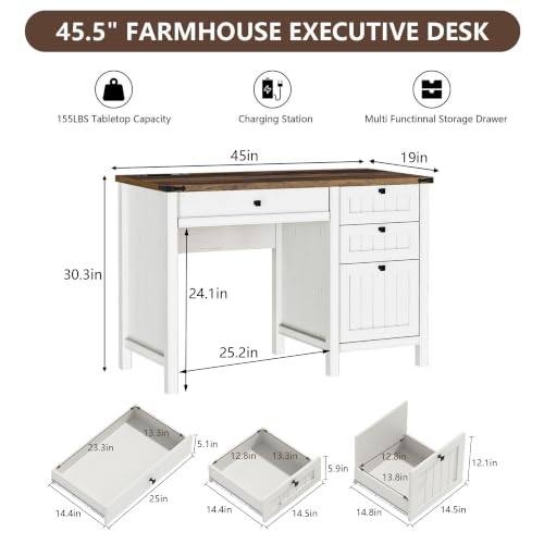 White Farmhouse Desk, 45" Desk with Outlets & File Drawer | At Home Office Desk with Built-in Charging Station, Full Extension Storage for Small spaces, Remote Workers & Students - color: White