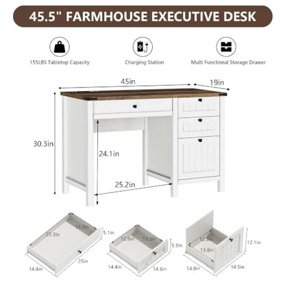 White Farmhouse Desk, 45" Desk with Outlets & File Drawer | At Home Office Desk with Built-in Charging Station, Full Extension Storage for Small spaces, Remote Workers & Students - color: White