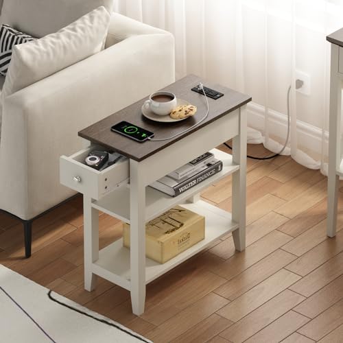 ChooChoo Farmhouse End Table with Charging Station | Narrow Side Table Living Room, USB Ports & Power Outlets, Hidden Drawer, White and Brown - color: Farmhouse White