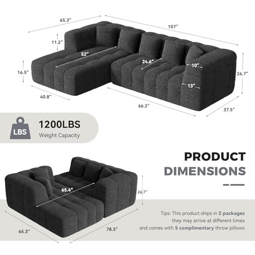 107" Modern Boneless Couch with L - Shaped Chaise, Comfy Chenille Modular Sectional Sofa with Tufted Design, Deep Seat Upholstered Sofa Bed, No - Assembly Sectional Couch, Black - color: Black
