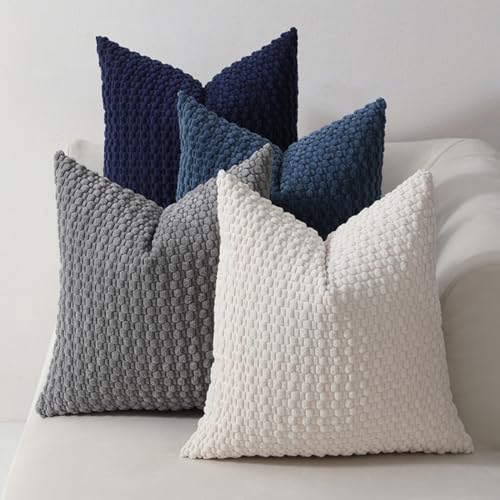 Set of 4 Boho Bubble Corduroy Throw Pillow Covers 18x18 Inch, Soft Textured Decorative Pillow Cases, Farmhouse Minimalist Cushion Covers for Sofa Couch Bedroom, Neutral Blue & Gray Combo - color: Blue and Gray
