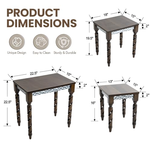 Hyfirm Nesting Tables Set of 3, Walnut Mid Century Modern Accent Tables with Spiral Rubber Wood Legs & Silver Honeycomb Apron, Retro Stackable Side Tables for Living Room, Bedroom & Small Apartments - color: Walnut Top+silver Apron