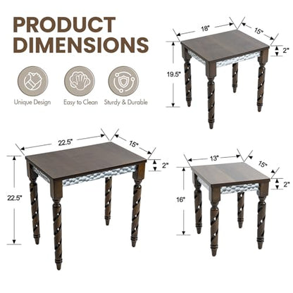 Hyfirm Nesting Tables Set of 3, Walnut Mid Century Modern Accent Tables with Spiral Rubber Wood Legs & Silver Honeycomb Apron, Retro Stackable Side Tables for Living Room, Bedroom & Small Apartments - color: Walnut Top+silver Apron