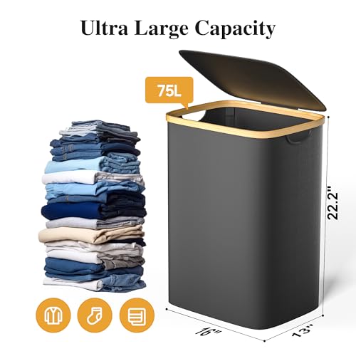 Foluck Large Laundry Hamper, 75L Waterproof Laundry Basket with Lid and Removable Bag, Collapsible Tall Clothes Hamper with Bamboo Handles for Clothes Toys in Dorm Bedroom Bathroom, Black - color: Black, size: 75L