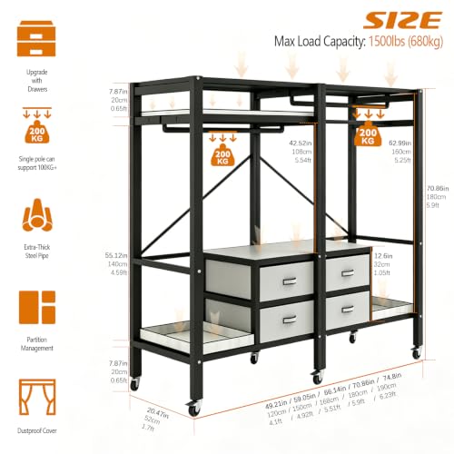 Portable Closet with Drawers Heavy Duty with Cover, KT-white L:59in/150cm - color: Kt Off-white, size: L:59in/150cm