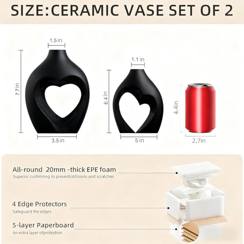 Black Ceramic Flower Vases Home Decor Heart Shaped Vase Set of 2 | Nordic Heart Shaped Vases Minimalist Decorative Vase for Table Centerpiece Wedding Dining Living Room Office House Decoration - color: Black