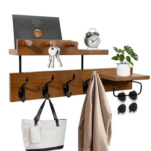 Coat Rack Wall Mount with Shelf, 4 in 1 Wood Coat Hooks with Key and Mail Holder, 17 Inch Entryway Hanging Shelf with Sunglasses Holder and 4 Metal Hooks for Clothes Hats Bag, Brown