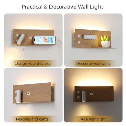 Modern LED Plug in Wall Sconce, Wall Light with Shelf and USB Charging Port, Rotatable Reading Spotlight & Soft Backlight, Plug-in or Hardwired Wall Lamp for Bedroom Bedside, Light Wood Grain Finish - size: 2-light Left Switch White