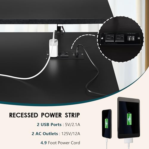 DlandHome 47" Computer Desk with Power Outlets & LED Lights, Black, Bedroom | Folding Desk with Monitor Stand, Writing Study Table Gaming Desk, Metal Frame, Fully Assembled, Home Office Small Spaces - color: Black + Black, size: 47 Inches + Outlets