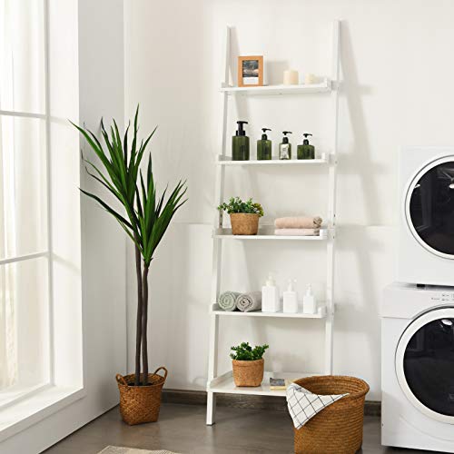 Tangkula 5-Tier Ladder Shelf, Wall-Leaning Bookshelf w/Open Shelves, Plant Flower Stand, Storage Display Organizer Rack, Multifunctional Bookcase for Living Room Home Office (White) - color: White