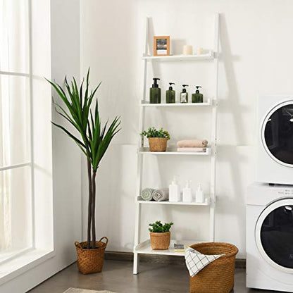 Tangkula 5-Tier Ladder Shelf, Wall-Leaning Bookshelf w/Open Shelves, Plant Flower Stand, Storage Display Organizer Rack, Multifunctional Bookcase for Living Room Home Office (White) - color: White