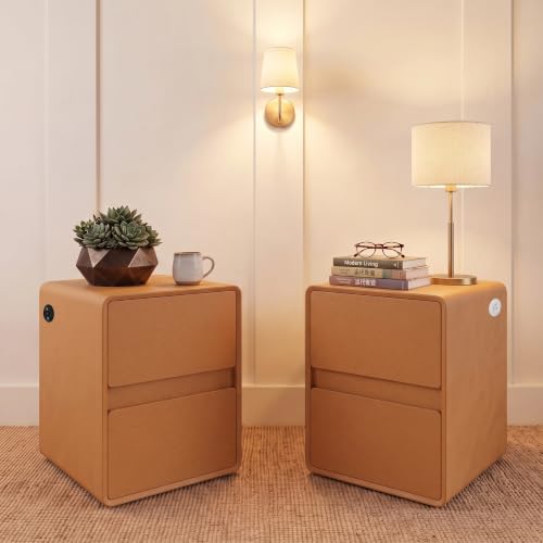 Modern Leather Nightstands Set of 2, Solid Wood Bedside Table with 2 Drawers & USB Charging Station, Preassembled End Table Small Nightstand for Bedroom Living Room Office, Orange - color: Orange, size: 16"