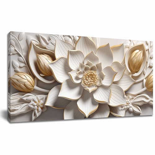 SSNEEKNDG Flower Wall Art White and Gold Botanical Canvas Artwork 20"x40" | Modern Artwork,Minimalist,Canvas Prints,For Living Room Bedroom Kitchen Office - size: 20"L x 40"W