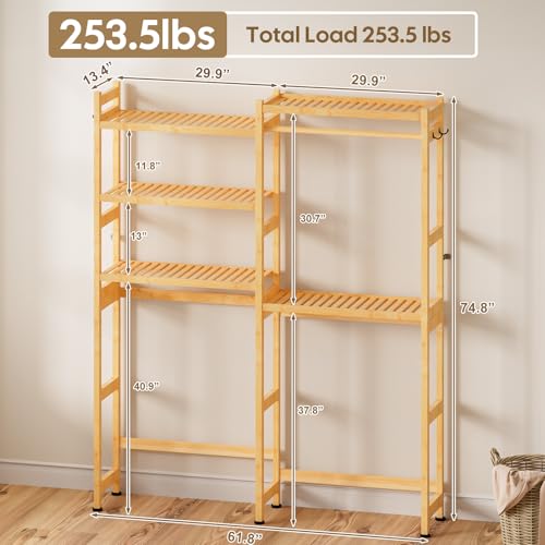 Cozivolife Over The Washer Dryer Storage Shelf: Bamboo 5 Tiers (Natural) | Laundry Room Drying Rack with Adjustable Shelves and 4 Hooks - Space Saver Organizer for Hanging Clothes and Towels - color: Natural