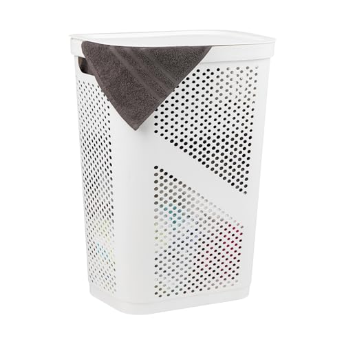 Mind Reader Slim Laundry Hamper with Lid, 60L Clothes Basket, Ventilated Plastic, White - color: White, size: Single