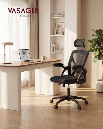 VASAGLE Office Chair, Adjustable Mesh with Lumbar Support and Headrest | Ergonomic desk chair, 90-105° tilt function, wide seat, flip-up armrests, home office, Ink Black UOBN044BH01S - color: Ink Black, size: Set of 1, style: Office Chair With Headrest
