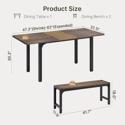 63“ Extendable Dining Table Set with 180° Smart-Flip Pivot, Gray | Dining Table Set for 4,Kitchen Table with Bench,Small Dining Table,Perfect for Small Space,Dinner Room Table Set for 6 - color: Grey