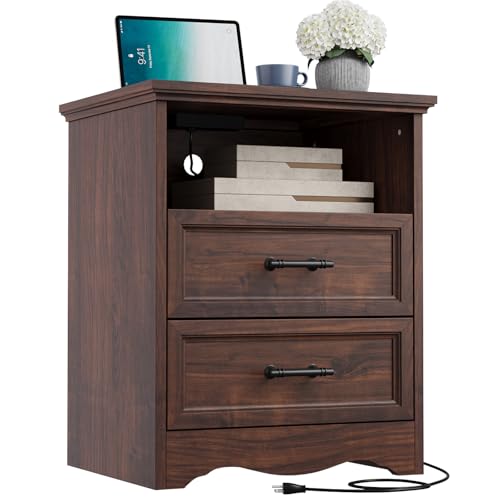 YANSNWO Walnut Nightstand with Charging Station, 19.7" 2-Drawer End Table | 2 USB Ports & 2 AC Outlets, Brushed Metal Handles, Unique Base Design, Modern Farmhouse for Bedroom/Living Room - color: Walnut, size: 15.6"D x 19.7"W x 23.6"H (2 Drawers)