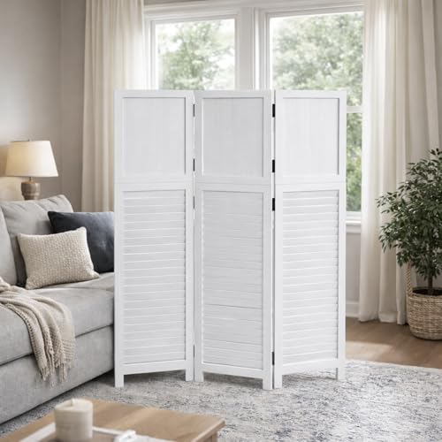 1 Pack 3 Panel Wood Short Room Divider Folding Screen White | Freestanding Modular Louvered Partition Screen For Bedroom Home Office Apartment Privacy - color: White
