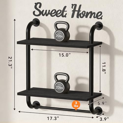 3 Tier Wall Shelves Over Toilet Rustic Industrial Floating Shelf - color: Black, size: 2 tier