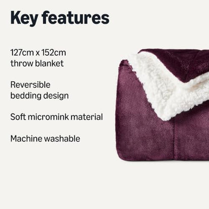 Amazon Basics Reversible Sherpa Throw Blanket, Velvety Flannel, Ultra Soft, Plum, 50"x60" - color: Plum, size: Throw (50"x60")