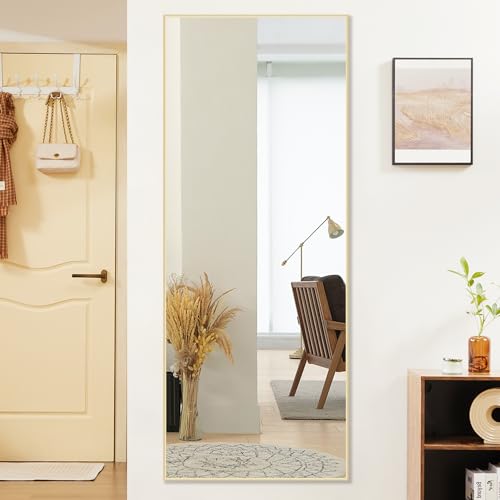 OLIXIS Full Length Mirror, 56"x21" Full Body Mirror | Aluminum Alloy Thin Frame, Stand, Floor Standing, Hanging or Leaning, Living Room, Bedroom, Gold - color: Gold-rectangle, size: 56"L x 21"W
